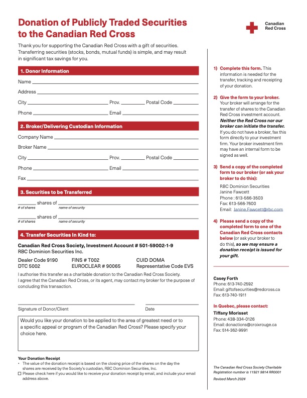 A preview of the Canadian Red Cross Gift of Securities Donation Form