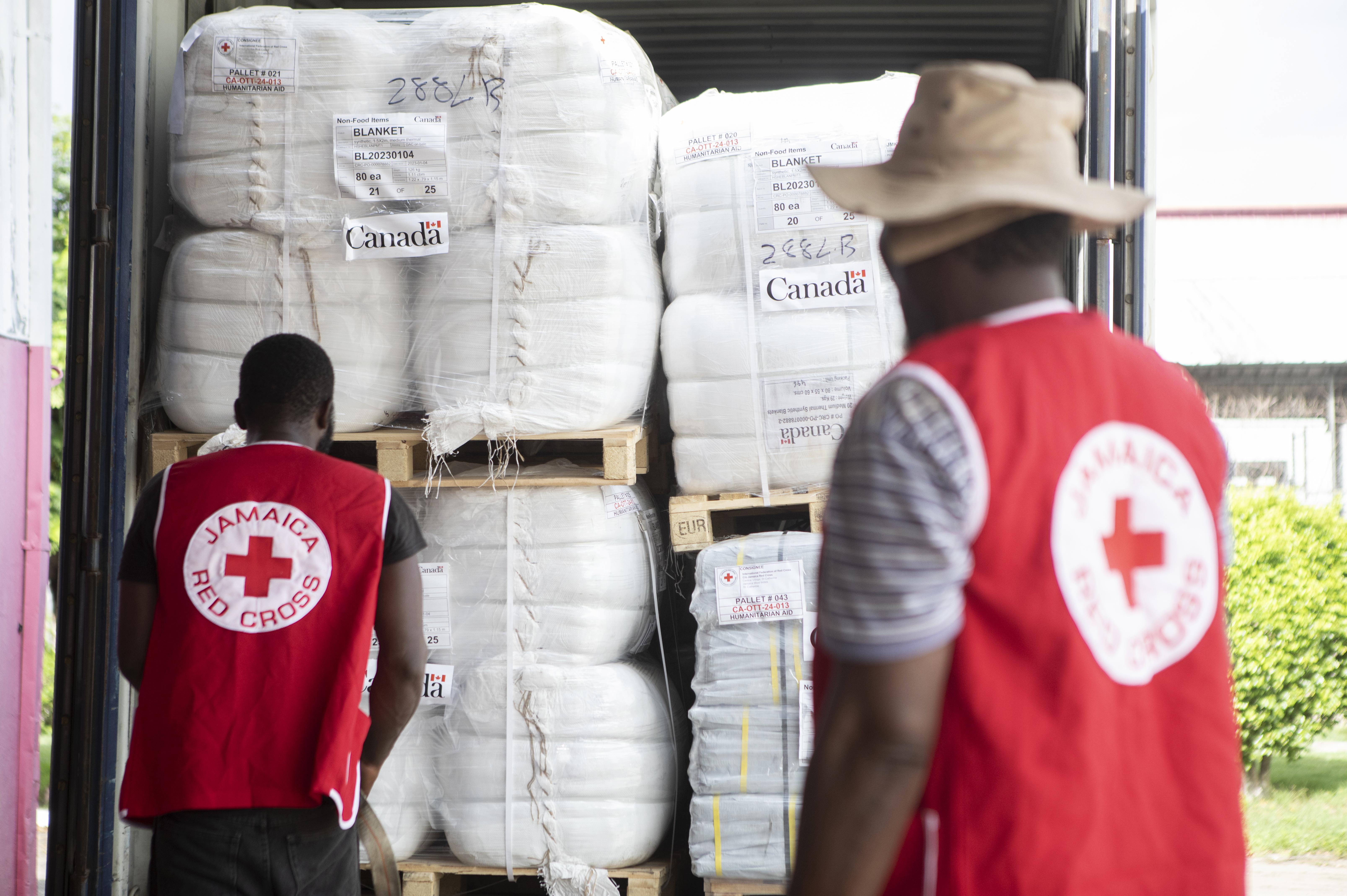 Two men in Red Cross vests unload a truck of items with the Government of Canada logo